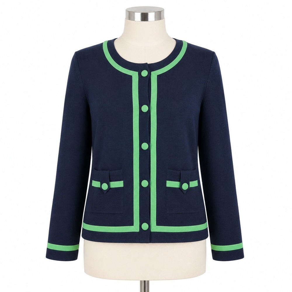 J.Crew Merino Wool Cardigan‎ Sweater XS Navy Green Contrast Trim Jackie Style